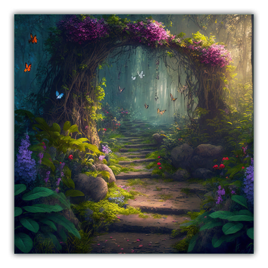 Fairy Wood. A woodland path with a tree with pink flowers arched over it with butterflies in blue, pink and yellow flying around it. Purple and pink flowers and moss with stones are on the floor of the woods