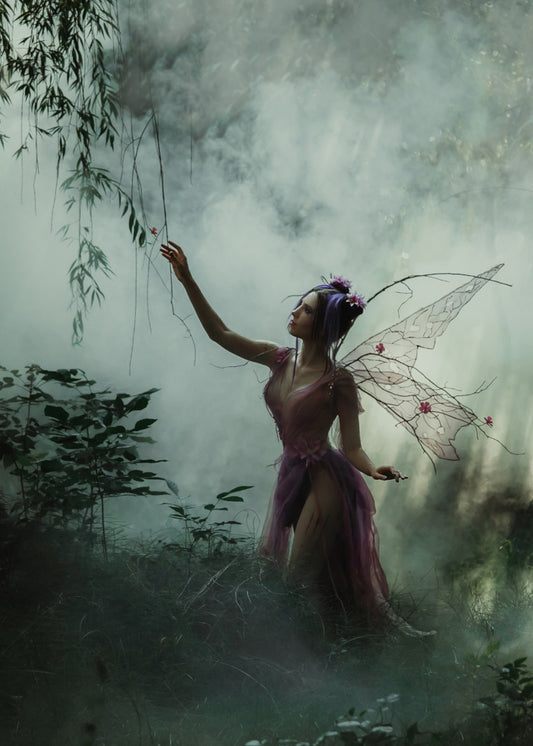 Woodland Fairy.  Misty woodland with a fairy with clear wings and tiny red flowers and small bushes with grass