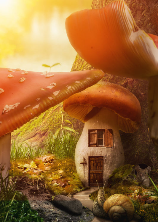 Toadstool Home. Background of sunlight with a tree trunk Red mushrooms with white flecks and a small toadstool house against the tree with a window and door with shutters.  In the foreground there is a shell and a stone with moss and grass