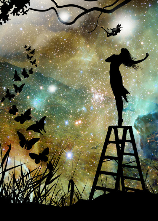 Enchanted Fairy.  A starry night with trees and mountains.  Foreground of a fairy on steps in black dancing with the butterflies in formation flying