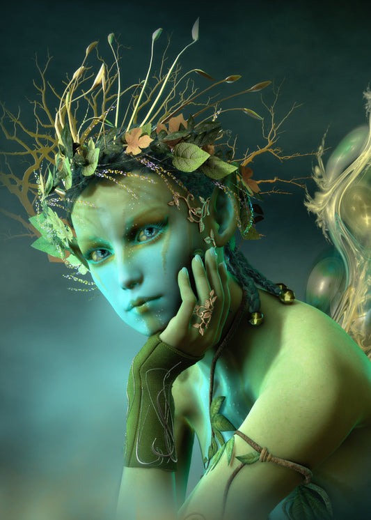 Green Nymph Fairy. Green background with fairy sitting with her head in her hand wearing a headdress of brown grasses, green and brown leaves wearing a green mitten and a ring made of wood with ivy in a band on her arm 