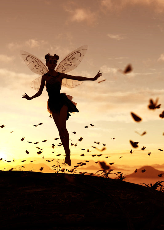 Fairy Dust.  Sunset with a fairy in shadow sprinkling butterfly fairy dust with ground in shadow in the foreforont