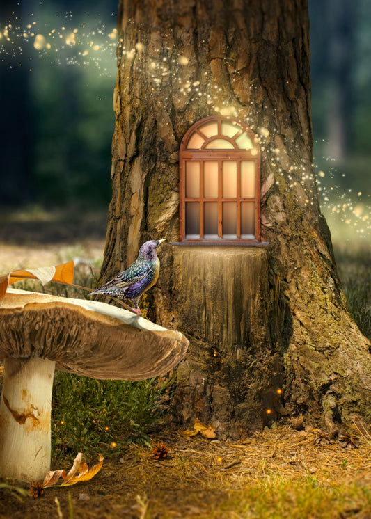 Fairy Door.  Faded background of trees.  Tree at the front with a lit fairy door and fairy dust flying in front of it.  A blue bird sitting on a mushroom with grass and leaves in the foreground
