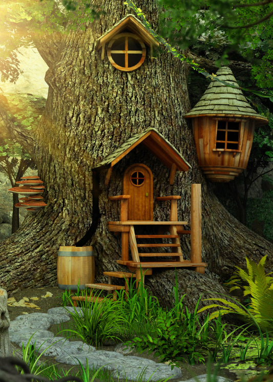Fairy House.  Leaves in the background with the sun coming through.  A fairy house with mushrooms on one side and an acorn room on the side of the tree with a porch, steps, barrels and a stone path with green plants in the foreground