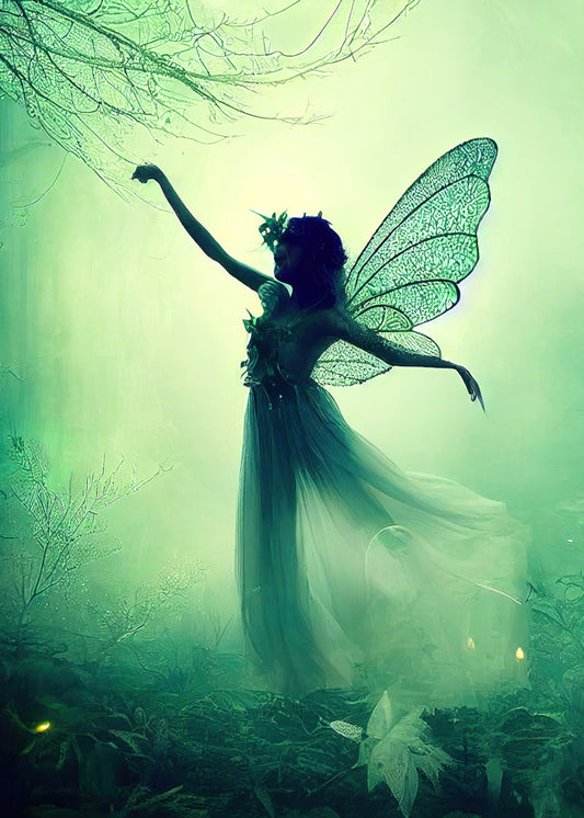Fairy Whispers.  Background of fog in greens and white with a tree branch A fairy in white dancing with leaves in dark and white in the foreground