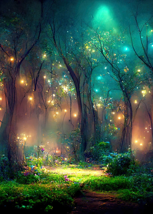 Magical Woodlands.  A background of the night sky with glowing green light.  Large trees with white, yellow and green lights in the forefront green bushes and small flowers in pink and yellow