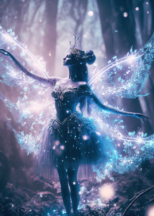 White Ice Fairy.  Background of dark trees with a fairy in shadow holding her arms and wings out either side of her with ice white wings and skirt