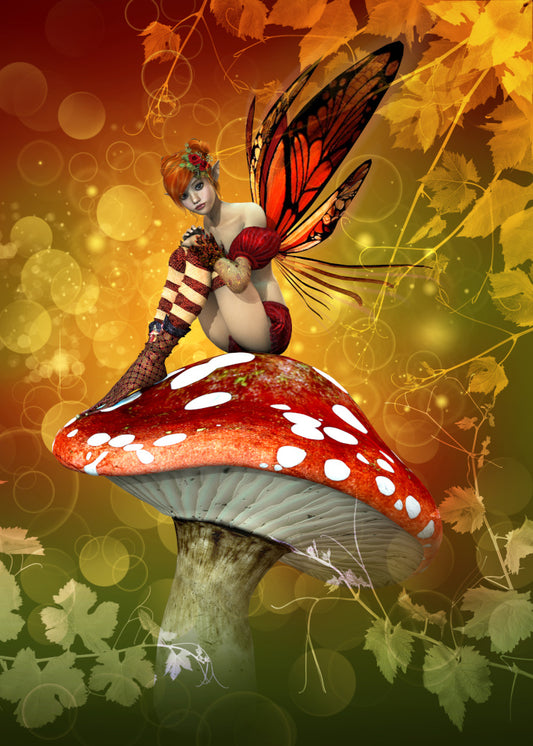 Toadstool Fairy.  A background of yellow globes and leaves with a fairy with red wings and hair and stripy white and red socks sitting in a red and white dotted toadstool