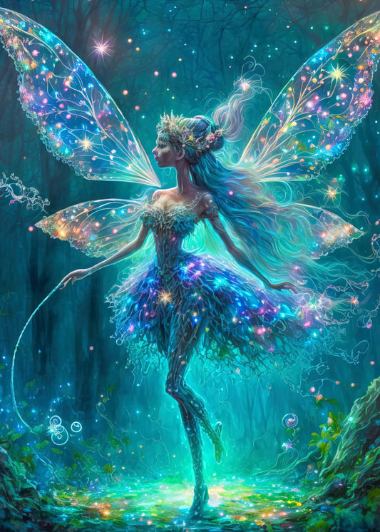 Star Fairy.  A beautiful fairy at night time in the wood lit up with colour and light that look like stars shining in her wings and skirt in yellow, blue, pink, holding a magical white wand with trees in the background