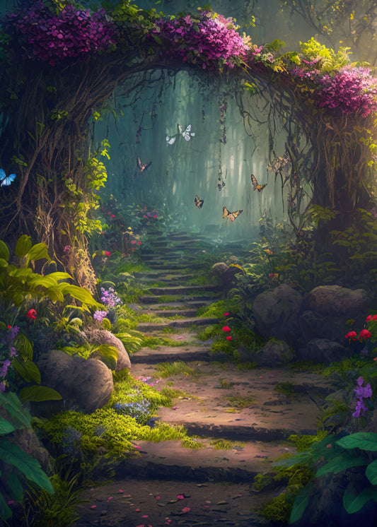 Fairy Wood.  A woodland path with a tree with pink flowers arched over it with butterflies in blue, pink and yellow flying around it.  Purple and pink flowers and moss with stones are on the floor of the woods