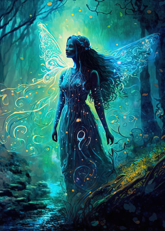 Night Fairy.  A beautiful night lit fairy in the woods radiating colours of white, yellow, green and blue and light from her wings