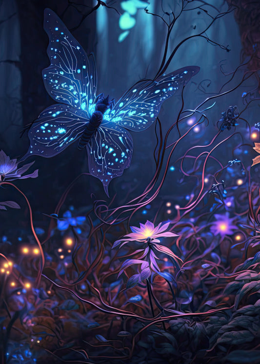 Fairy Butterfly Woodland at night with fire flowers illuminating the ground and a large butterfly with blue lighting on all of the wings