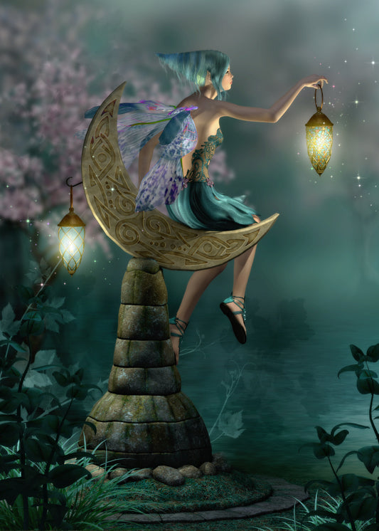 Moon Fairy background of faded pink flowers with a fairy sitting on a crescent moon holding a lamp of light with plants in the forefront