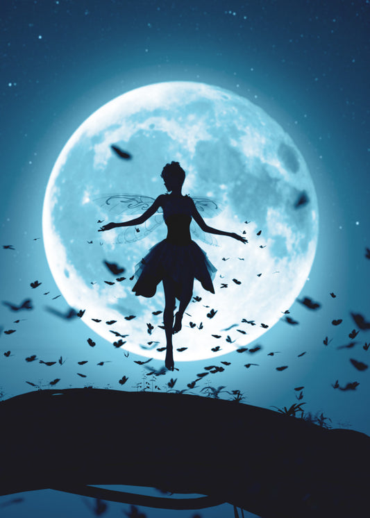 Moonlight Fairy.  Background of a large full moon which illuminates a fairy with wings and butterflies all in black with a large branch in the forefront