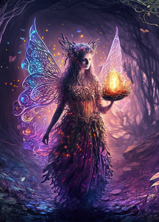 Majestic Fairy. A woodland tunnel of branches and tiny blue and pink butterfiles with a fairy with coloured, lighted wings and skirts with red and orange light with a next on fire in her right hand